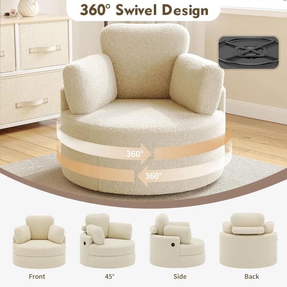 Accent Chair with Half Moon Ottoman, Round Chairs with Drawer Storage for Living Room, 360° Barrel Chair with USB Charging