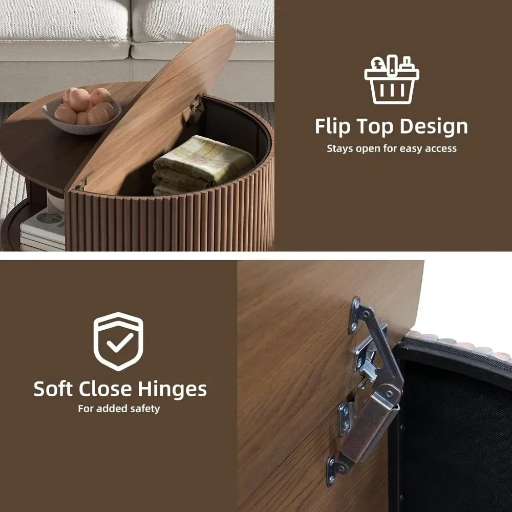 Round Coffee Table with Storage,Mid Century Modern Coffee Table with Sliding Cabinet Door,Coffee Table for Living Room