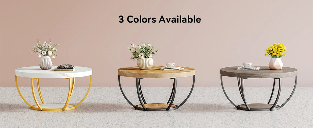 32" Circle Marble Coffee Tables, 2-Tier Golden Metal Legs Accent Center Table with Open Storage Modern Design