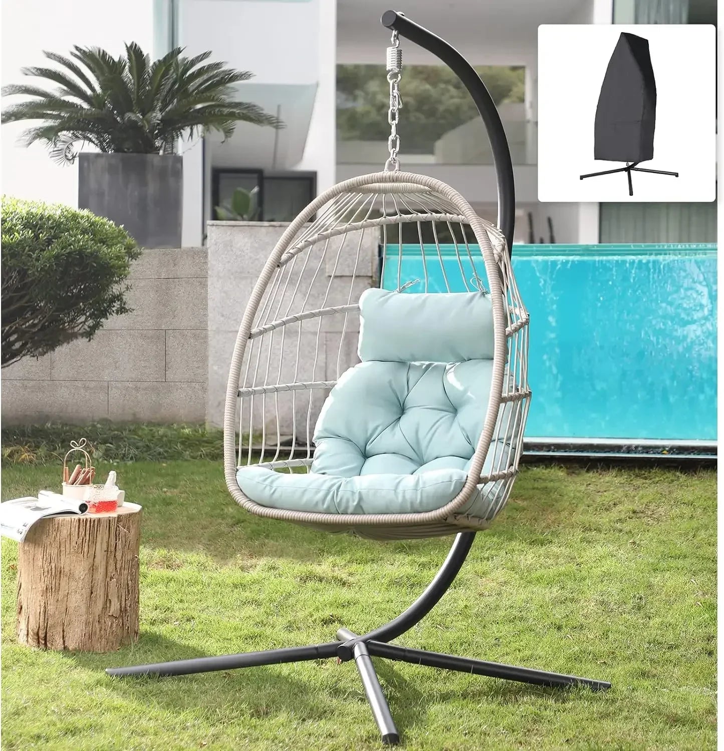Indoor/Outdoor Egg Swing Chair With or Without Stand, Patio Wicker Rattan Hanging Chair w/Cushion, 350lbs Capacity
