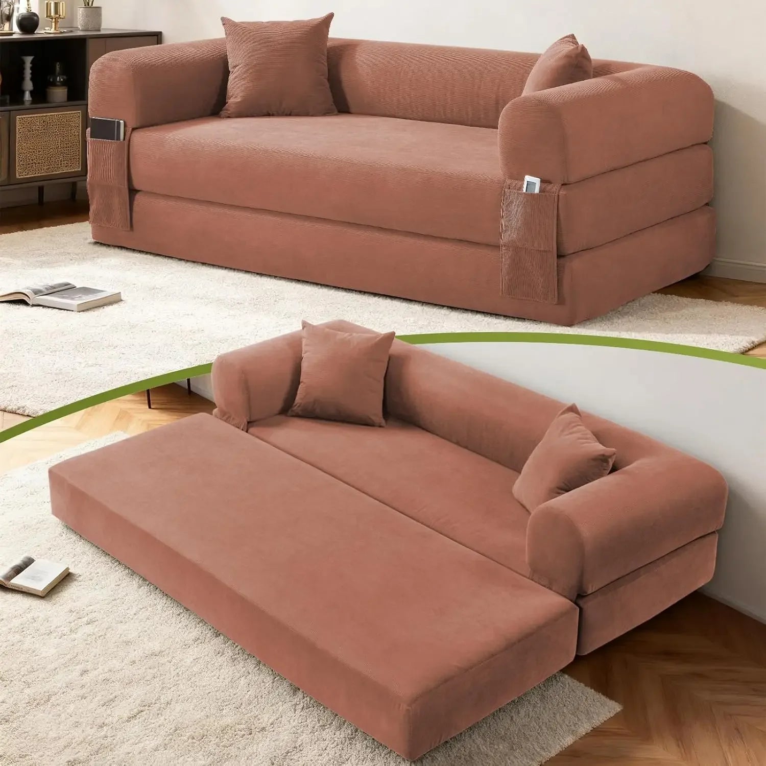 Corduroy Queen Sleeper Sofa Bed 80' Convertible Couch with Storage Pocket And Pillows Folding Pull-out Design No Assembly
