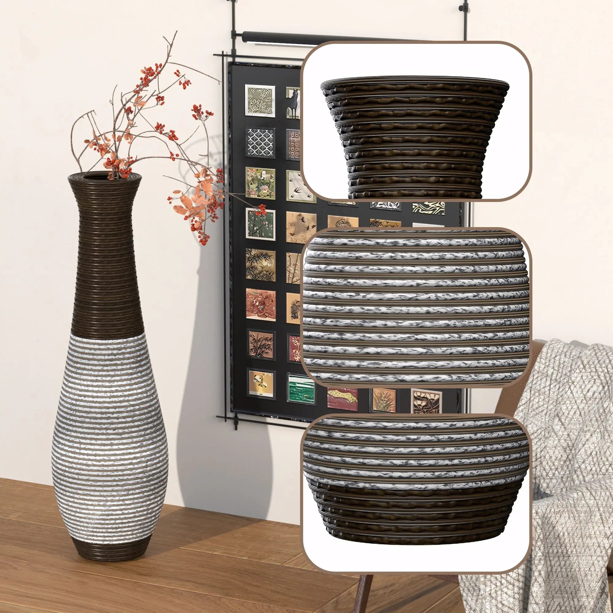 39-Inch Tall  Floor Vase Durable Artificial Rattan Elegant Two-Tone Dark Brown Finish Stylish Home Decor Statement Piece