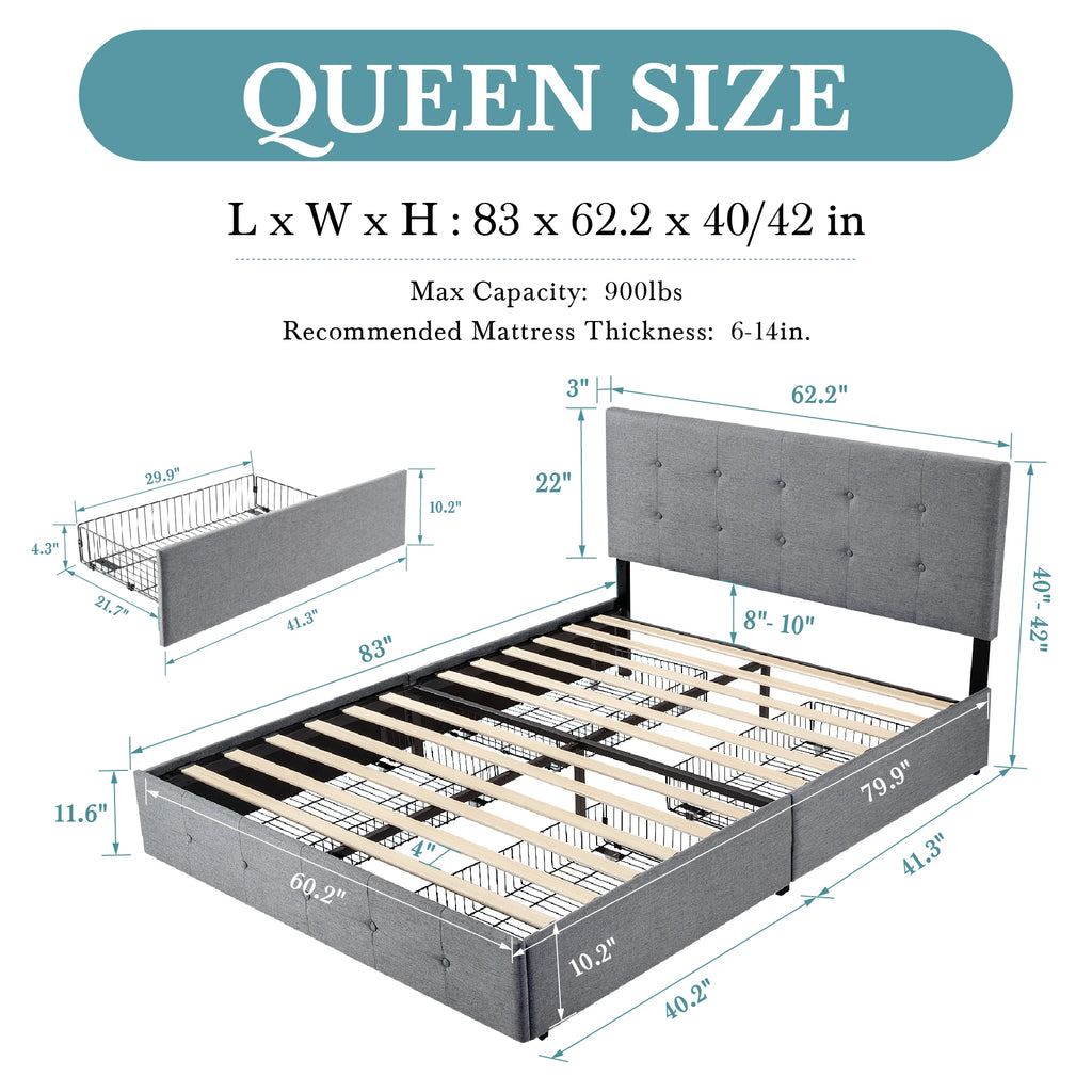 HOOMIC Platform Storage Bed Frame with 4 Drawers and Adjustable Headboard