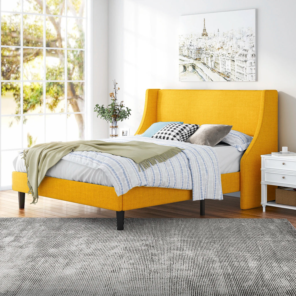 HOOMIC Bed Frame, Fabric Upholstered Modern Wingback Platform Bed with Headboard, Strong Wood Slats Support Allewie