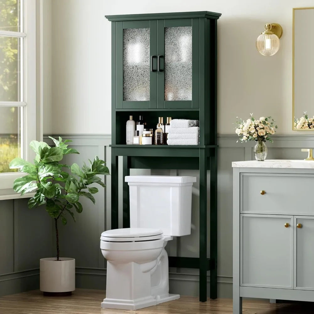 Over the Toilet Storage Cabinet with Glass Doors and Adjustable Shelf