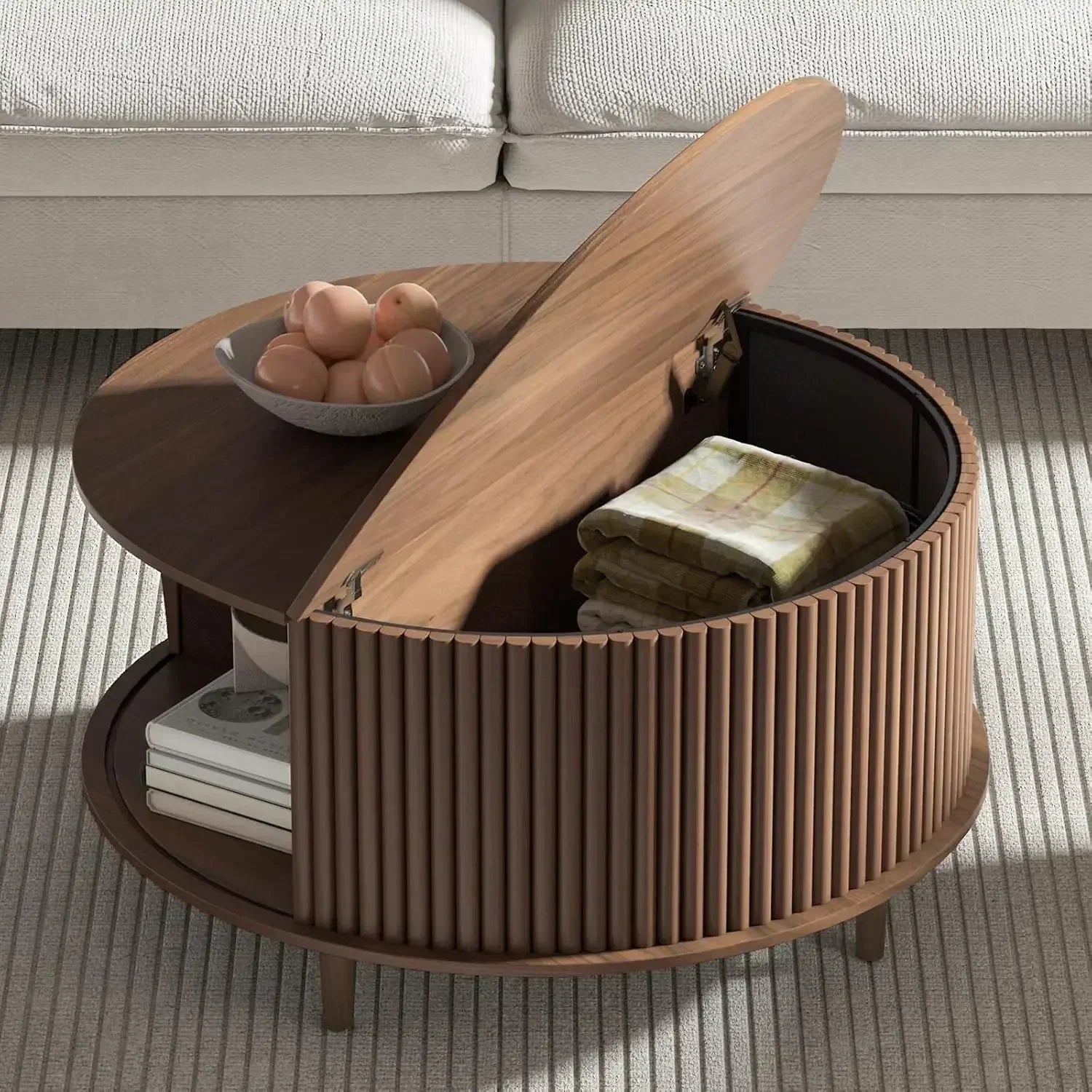 Round Coffee Table with Storage,Mid Century Modern Coffee Table with Sliding Cabinet Door,Coffee Table for Living Room