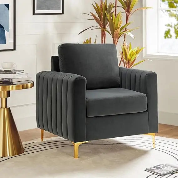 Velvet Accent Club Chair, Modern Velvet Armchair Upholstered Accent Club Sofa Chair with Gold Metal Legs Mid-Century Barrel Lei
