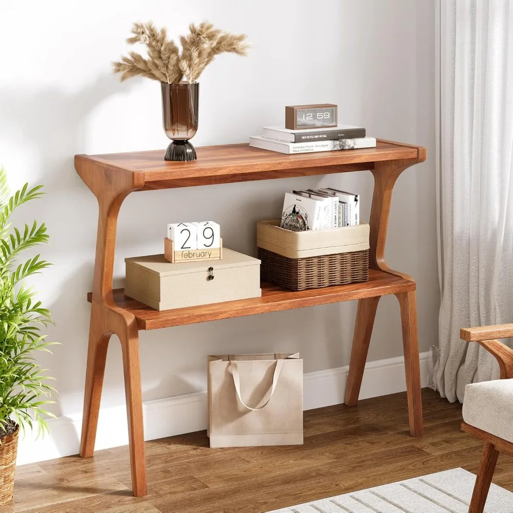 Narrow End Table, 2-level ultra-thin sofa side table with solid wood legs, bedside table with storage rack
