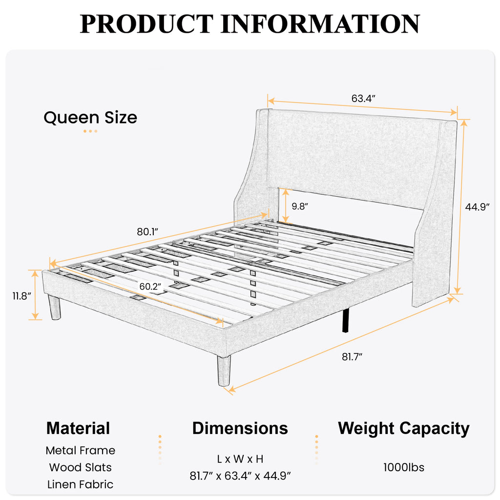 HOOMIC Bed Frame, Fabric Upholstered Modern Wingback Platform Bed with Headboard, Strong Wood Slats Support Allewie