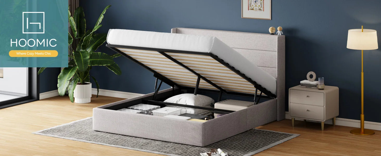 Lift Up Storage Bed with Wingback Headboard/Heavy-Duty Hydraulic Bed/Large Underneath Storage