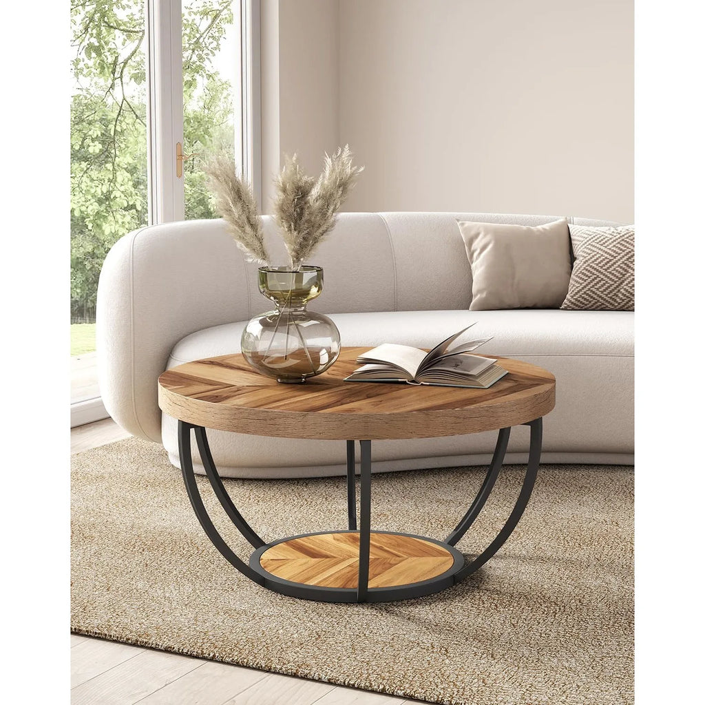 32" Circle Marble Coffee Tables, 2-Tier Golden Metal Legs Accent Center Table with Open Storage Modern Design
