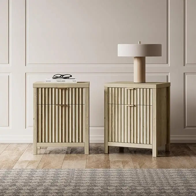 Night Stand Set 2, Fluted Nightstand with Charging Station, Modern End Table with 2 Drawers, Bed Side Tables Set