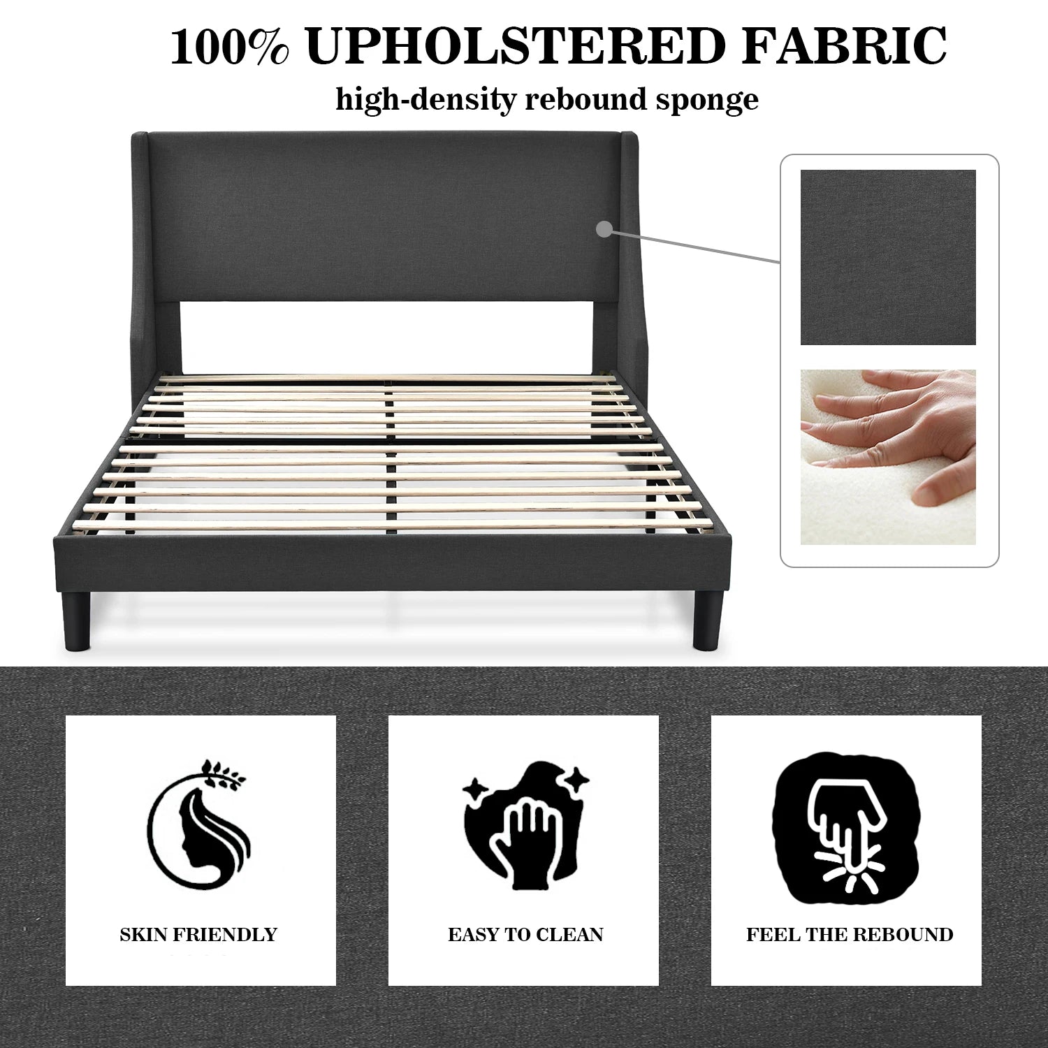 HOOMIC Bed Frame, Fabric Upholstered Modern Wingback Platform Bed with Headboard, Strong Wood Slats Support Allewie