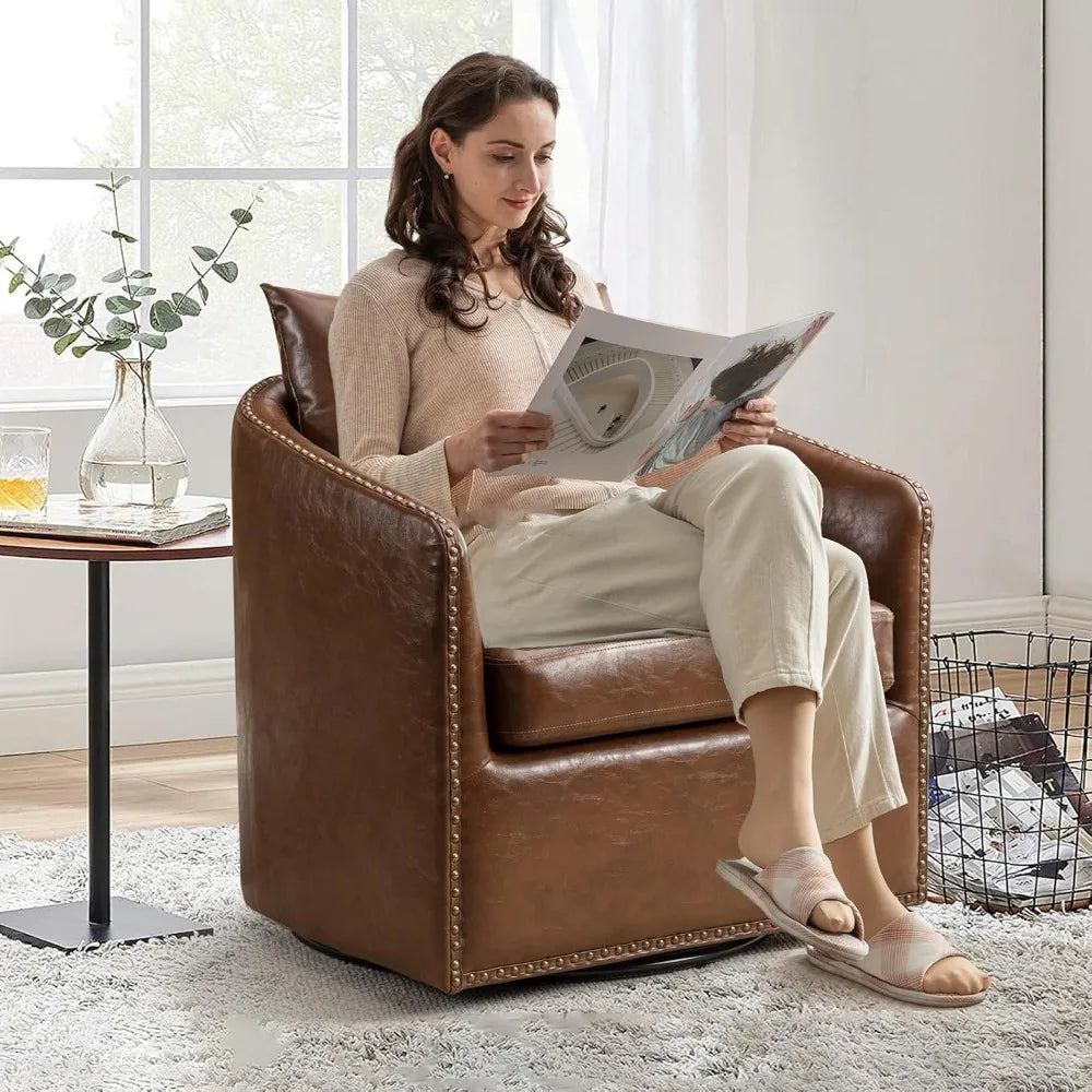 360 Degree Swivel Accent Chair Set of Two with Plump Back Pillow, Waterproof Oil Waxed PU Leather Swivel Armchair