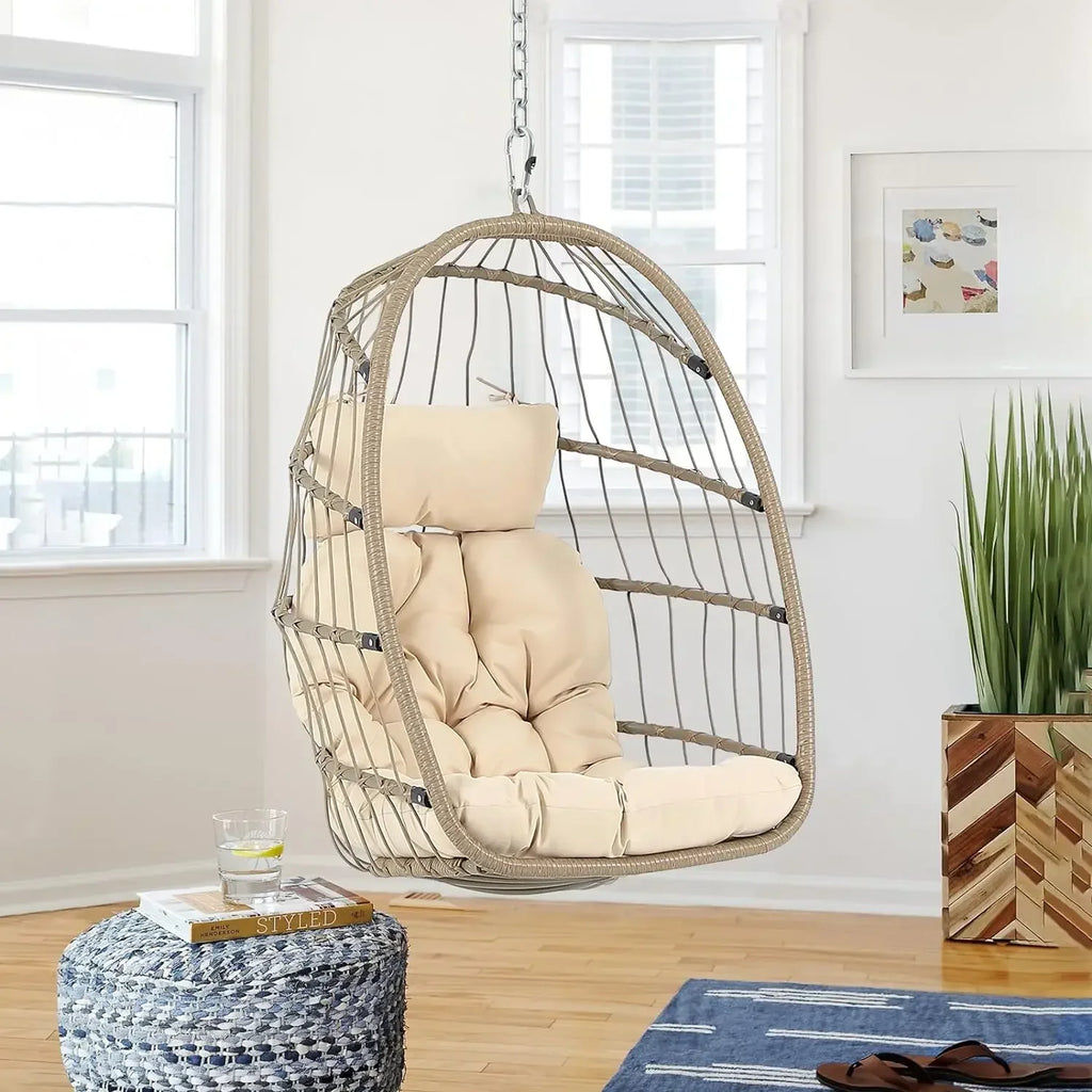 Indoor/Outdoor Egg Swing Chair With or Without Stand, Patio Wicker Rattan Hanging Chair w/Cushion, 350lbs Capacity
