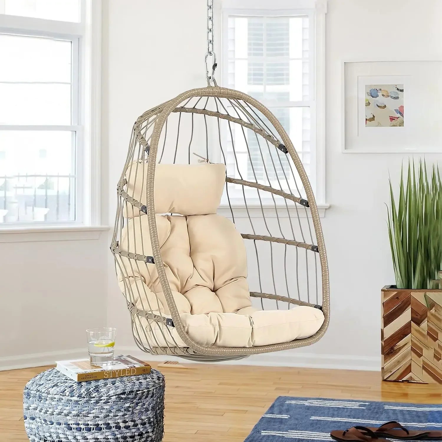 Indoor/Outdoor Egg Swing Chair With or Without Stand, Patio Wicker Rattan Hanging Chair w/Cushion, 350lbs Capacity
