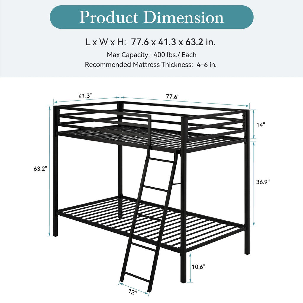 HOOMIC Heavy-Duty Metal Bunk Bed Frame Twin Over Twin, Full Length Guardrails, Space-Saving, Sturdy Metal Support Allewie