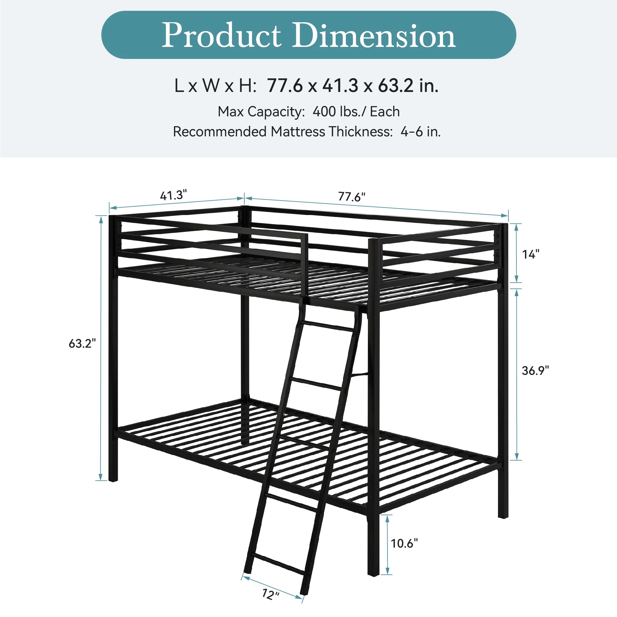 HOOMIC Heavy-Duty Metal Bunk Bed Frame Twin Over Twin, Full Length Guardrails, Space-Saving, Sturdy Metal Support Allewie