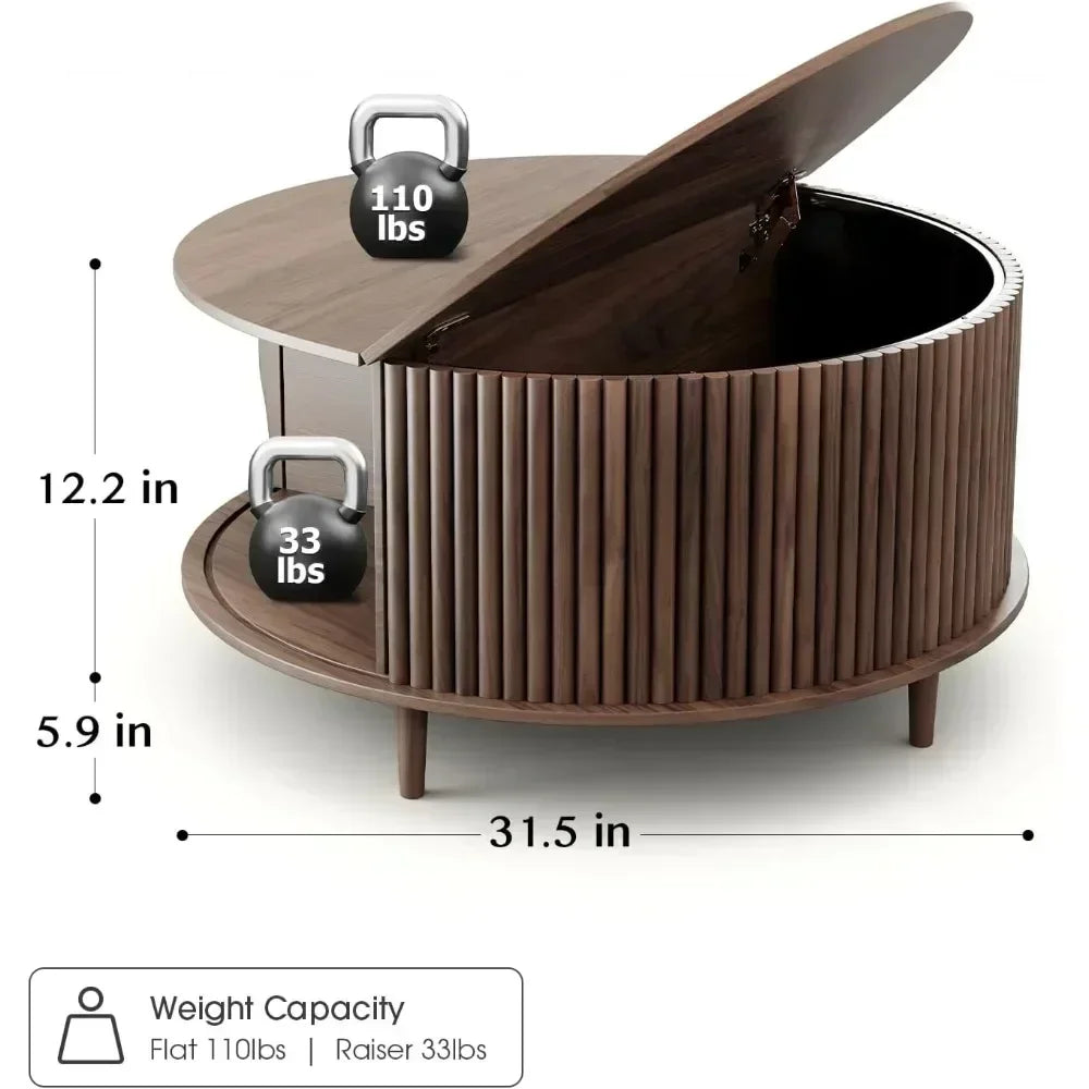 Round Coffee Table with Storage,Mid Century Modern Coffee Table with Sliding Cabinet Door,Coffee Table for Living Room