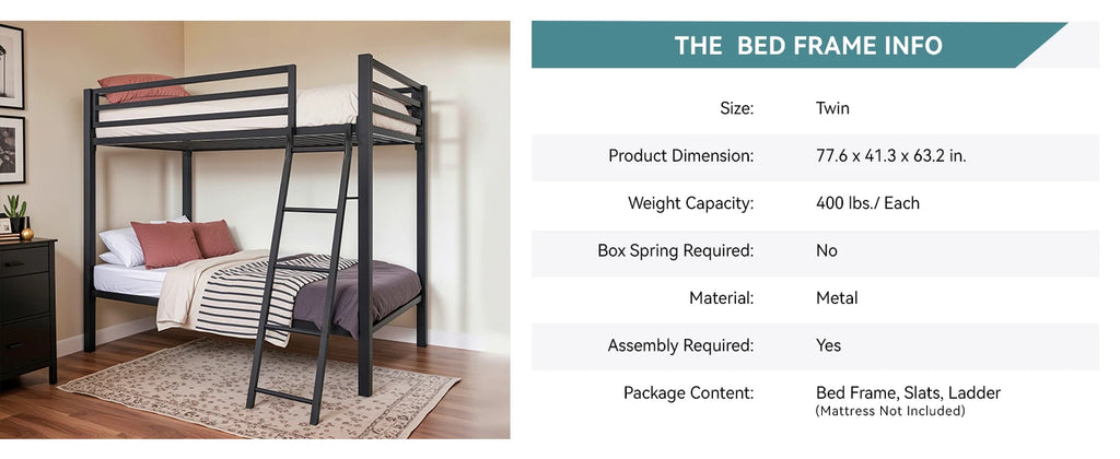 HOOMIC Heavy-Duty Metal Bunk Bed Frame Twin Over Twin, Full Length Guardrails, Space-Saving, Sturdy Metal Support Allewie