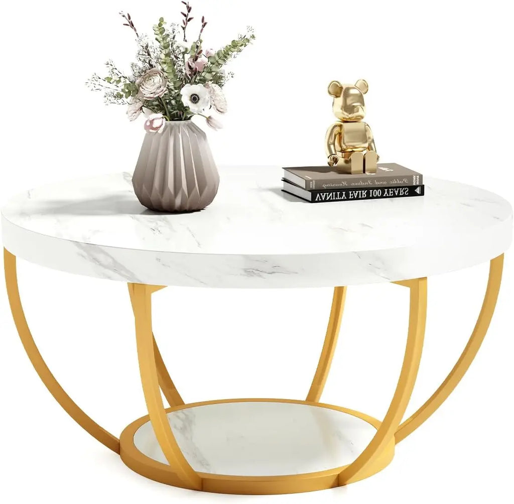 32" Circle Marble Coffee Tables, 2-Tier Golden Metal Legs Accent Center Table with Open Storage Modern Design