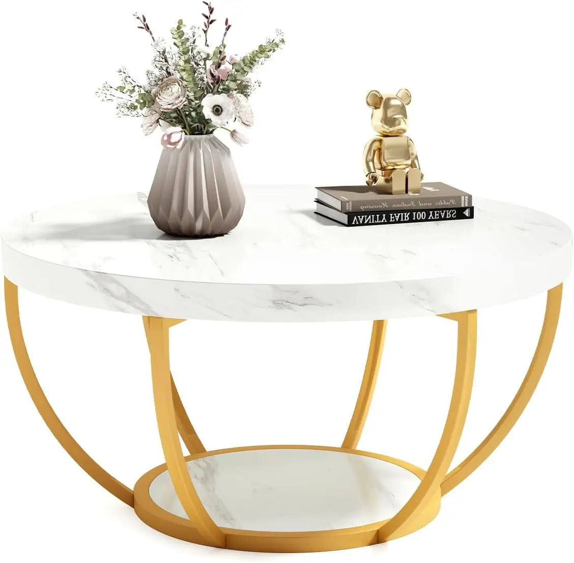 32" Circle Marble Coffee Tables, 2-Tier Golden Metal Legs Accent Center Table with Open Storage Modern Design