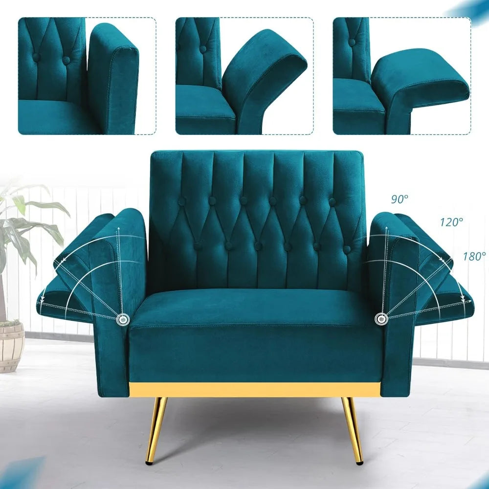 Velvet Accent Chair with Adjustable Armrests and Backrest, Button Tufted Lounge Chair, Single Recliner Armchair with Ottoman