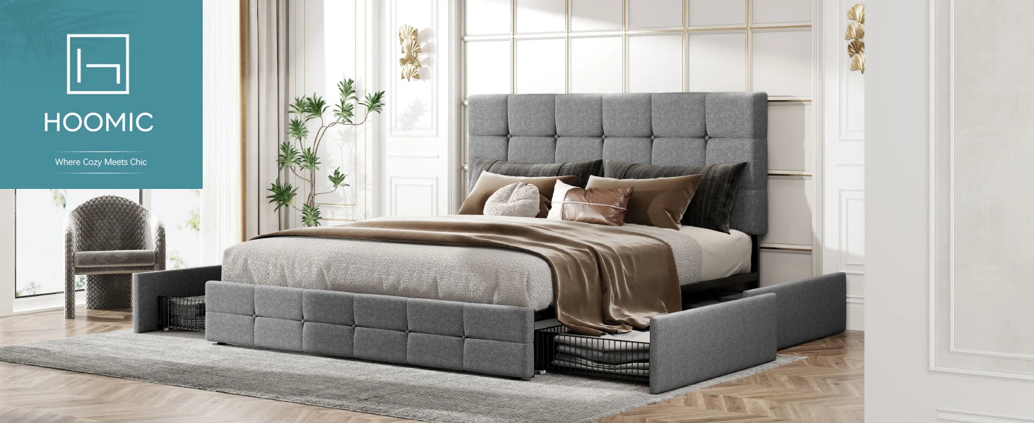 HOOMIC Platform Storage Bed Frame with 4 Drawers and Adjustable Headboard