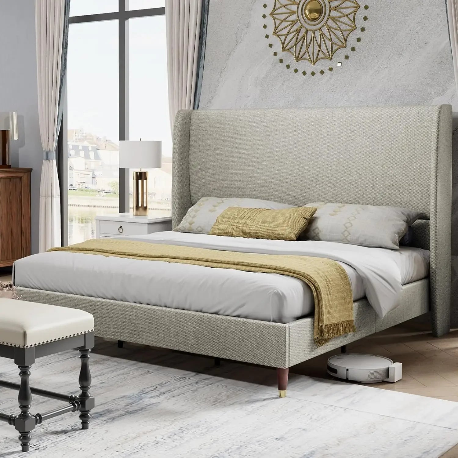 King Platform Bed Frame 51.2" High Headboard Tall Upholstered Bed/No Box Spring Required/Wood Slat Support Assembly