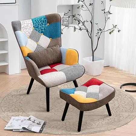 Accent Patchwork Chair with Ottoman Set Fabric High Wingback Chair Comfy Bohemian Flax Design Chair with Throw Pillow, for Livi