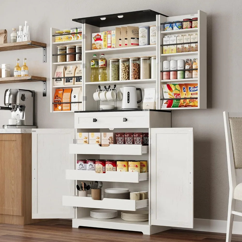 72" Kitchen Pantry Cabinet, Farmhouse Large Kitchen Storage Cabinet with Slide Out Rack & 8 Door Organizer