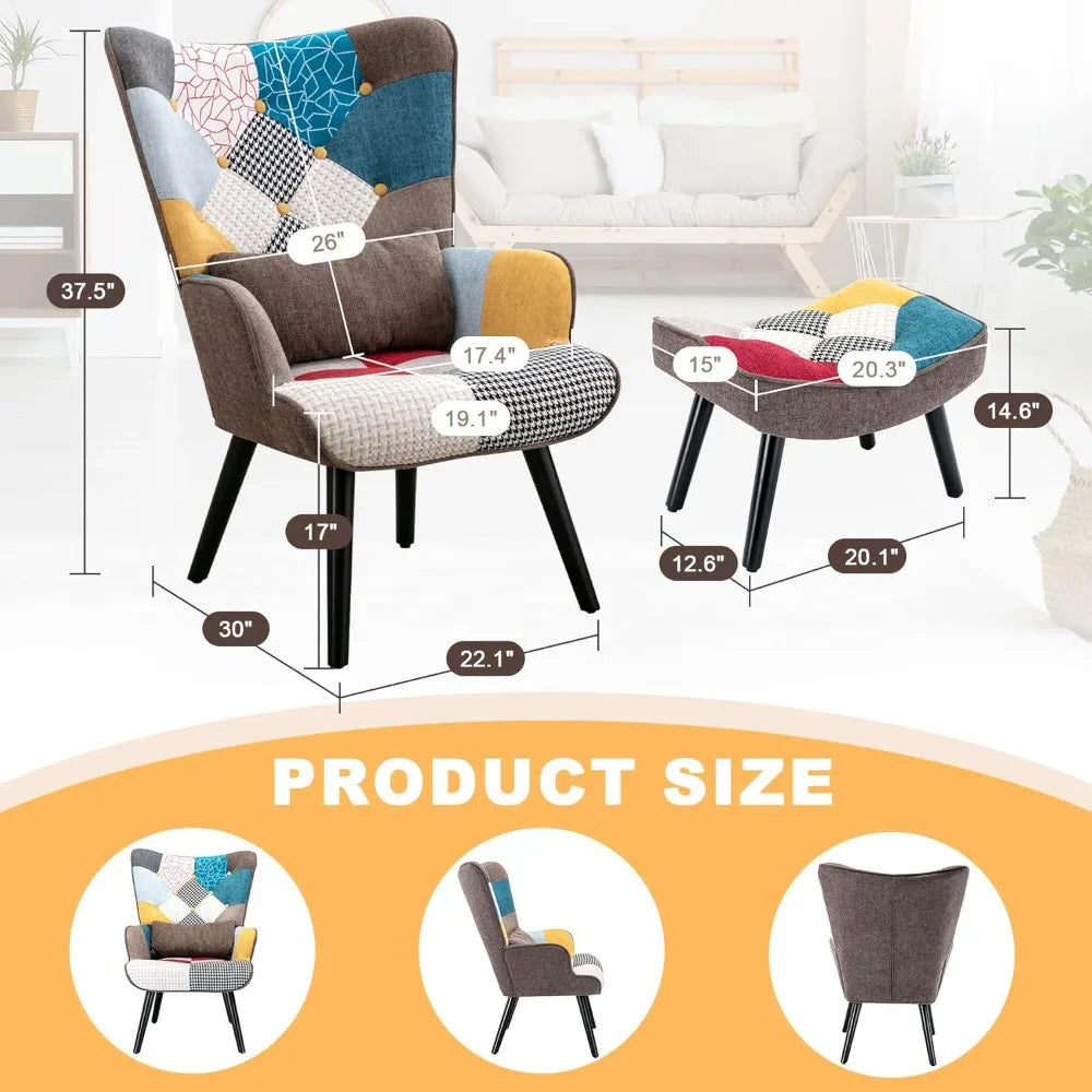 Accent Patchwork Chair with Ottoman Set Fabric High Wingback Chair Comfy Bohemian Flax Design Chair with Throw Pillow, for Livi