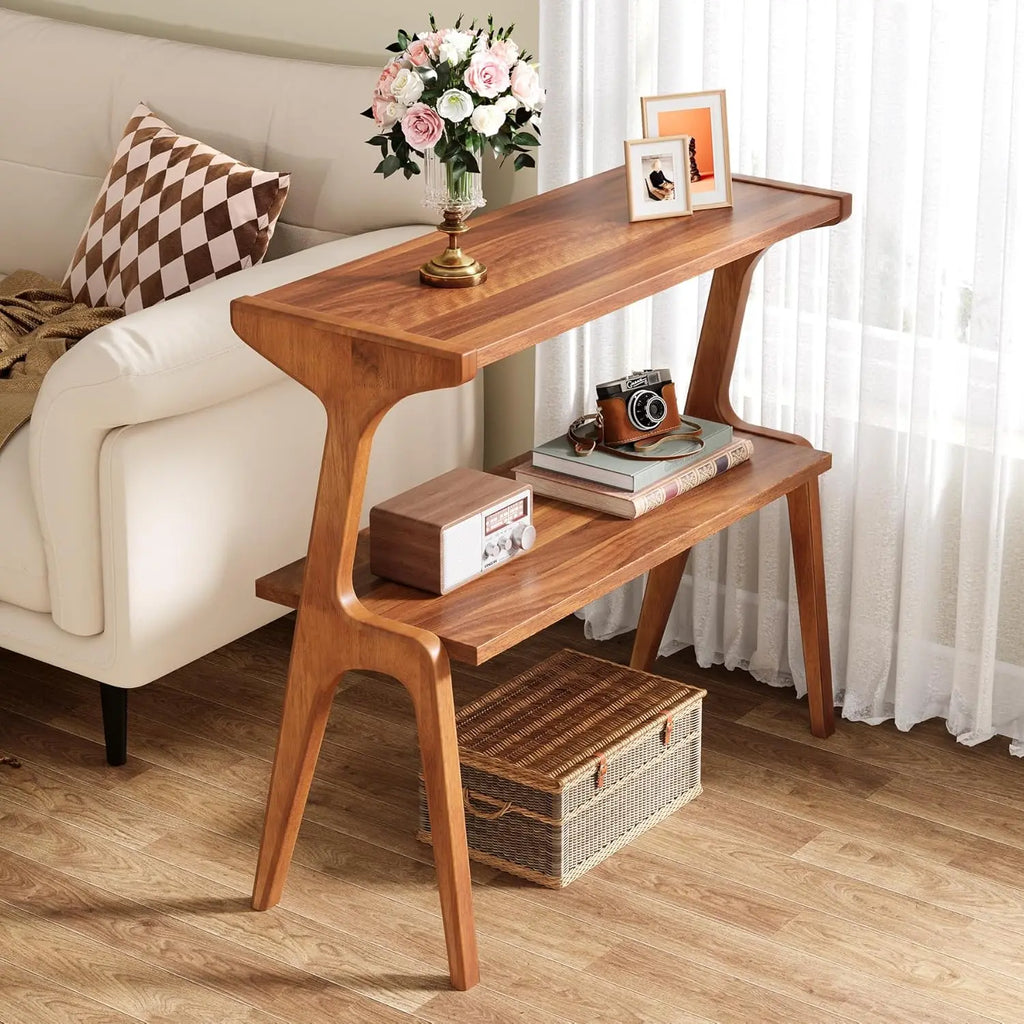 Narrow End Table, 2-level ultra-thin sofa side table with solid wood legs, bedside table with storage rack