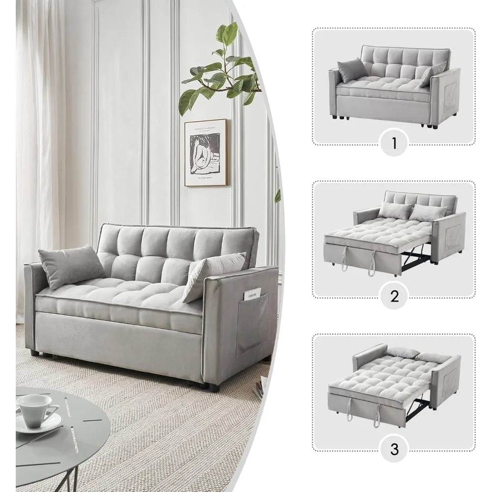 Convertible 3-in-1 Sleeper Sofa with Armrests, Storage Pockets, Pillows, and Adjustable Backrest