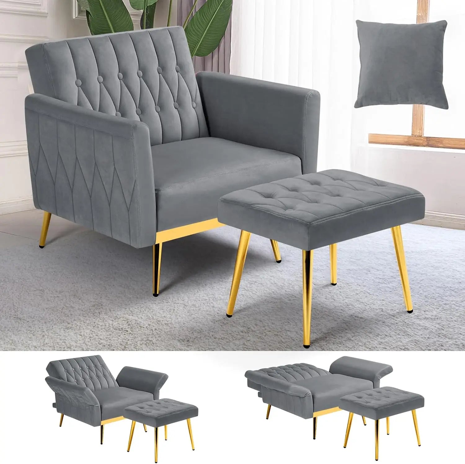 Velvet Accent Chair with Adjustable Armrests and Backrest, Button Tufted Lounge Chair, Single Recliner Armchair with Ottoman