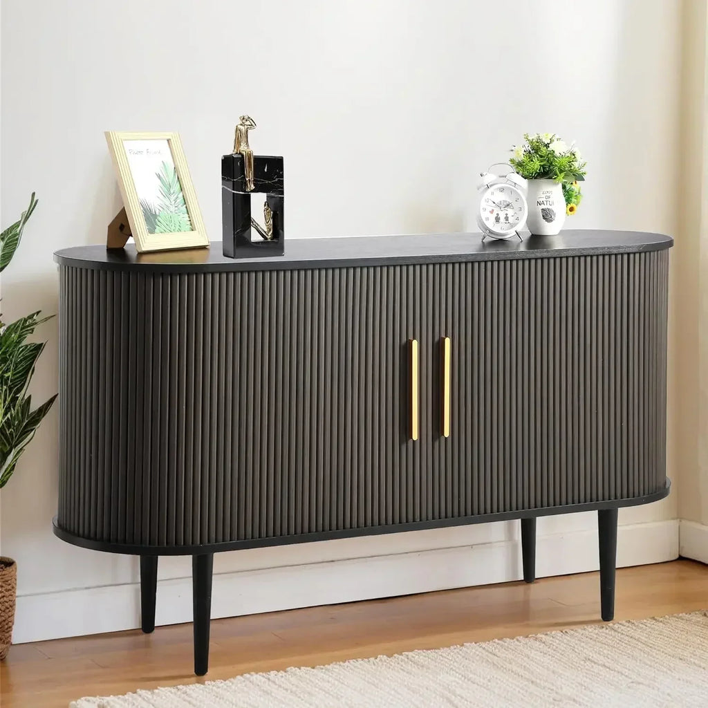 55" Sideboard Buffet with Fluted Slide Doors, Tambour Storage Cabinet with Shelves, Modern Credenza for Living Room