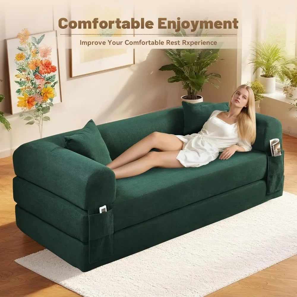 Corduroy Queen Sleeper Sofa Bed 80' Convertible Couch with Storage Pocket And Pillows Folding Pull-out Design No Assembly