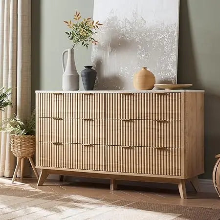 Fluted 6 Drawers Dresser, 54" Wide Modern Chest of Drawers with Faux Marble Top, Curved Profile Design, Dresser TV Stand, Wood