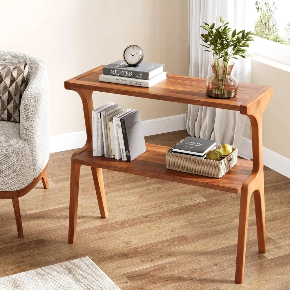 Narrow End Table, 2-level ultra-thin sofa side table with solid wood legs, bedside table with storage rack