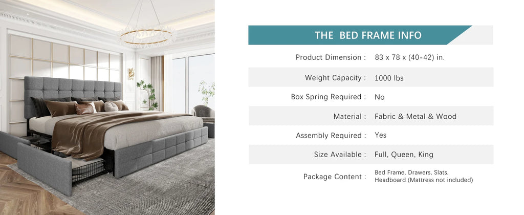 HOOMIC Platform Storage Bed Frame with 4 Drawers and Adjustable Headboard