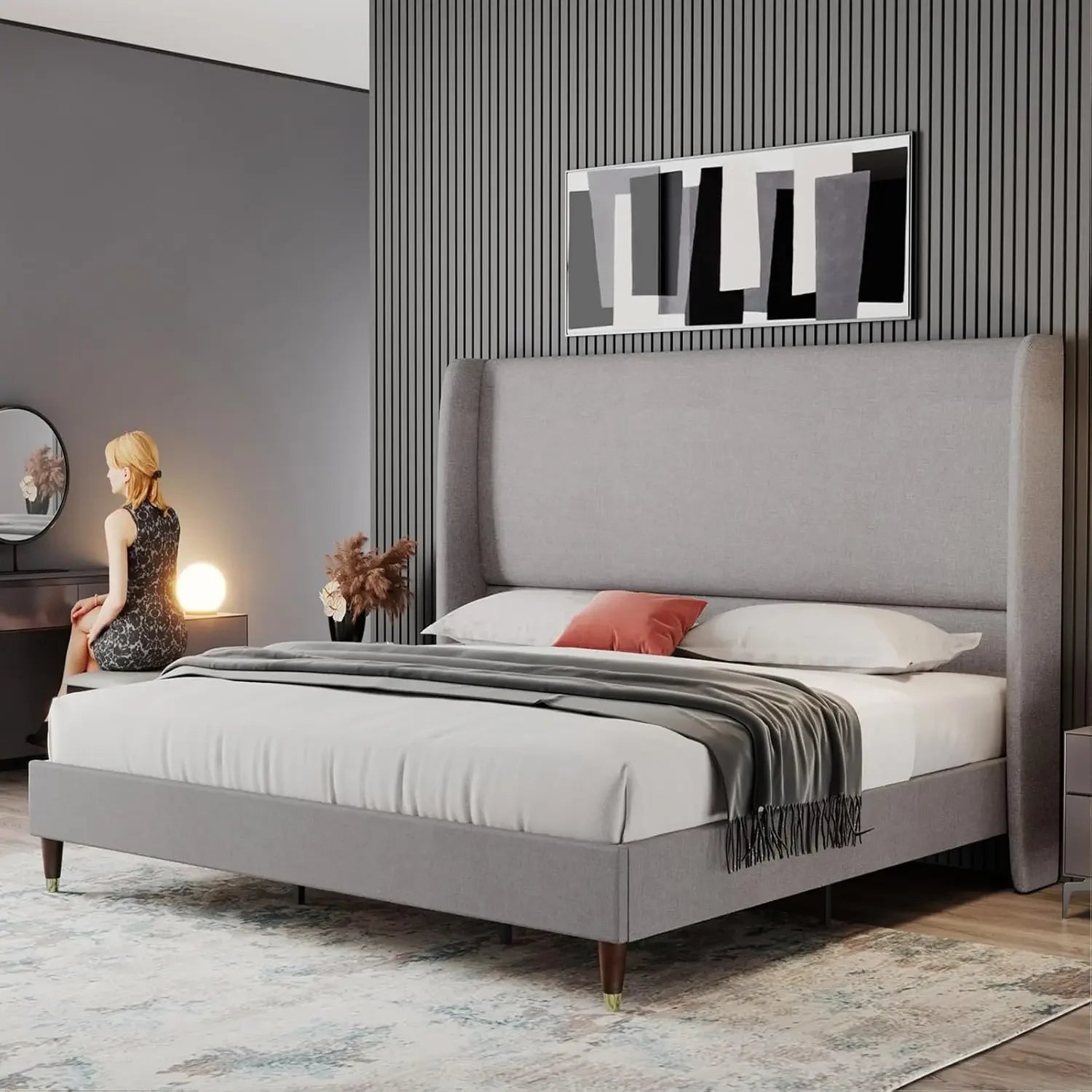 King Platform Bed Frame 51.2" High Headboard Tall Upholstered Bed/No Box Spring Required/Wood Slat Support Assembly