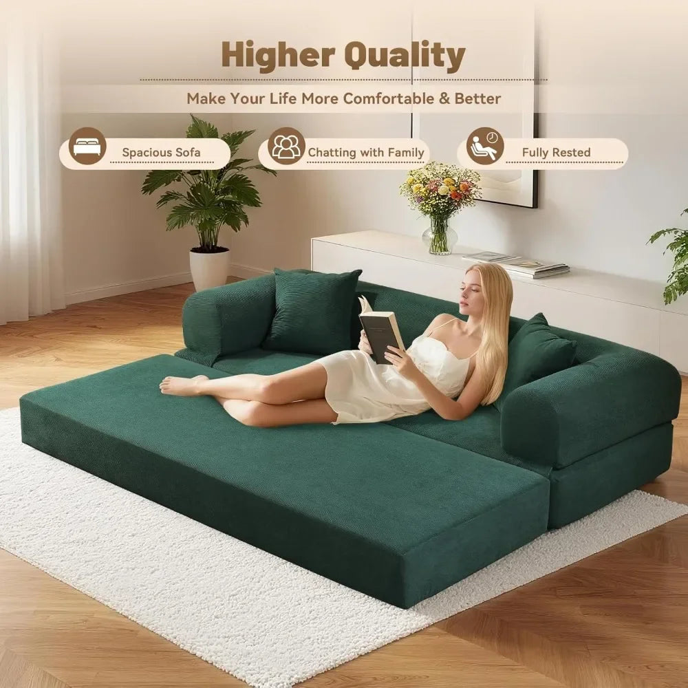 Corduroy Queen Sleeper Sofa Bed 80' Convertible Couch with Storage Pocket And Pillows Folding Pull-out Design No Assembly