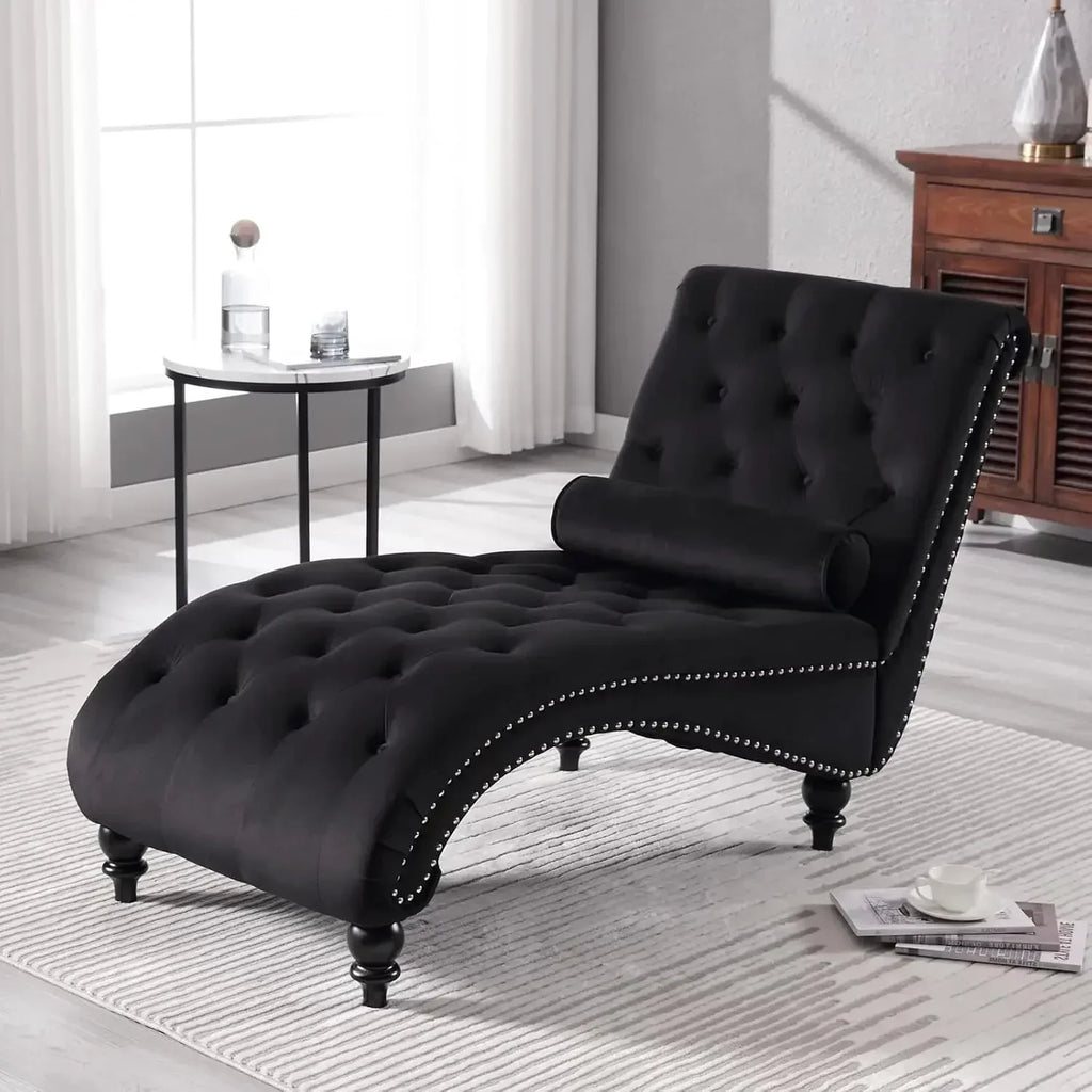Velvet Button-Tufted Chaise Lounge Chair Indoor with Pillow Upholstered Modern Furniture for Bedroom Living Room Office