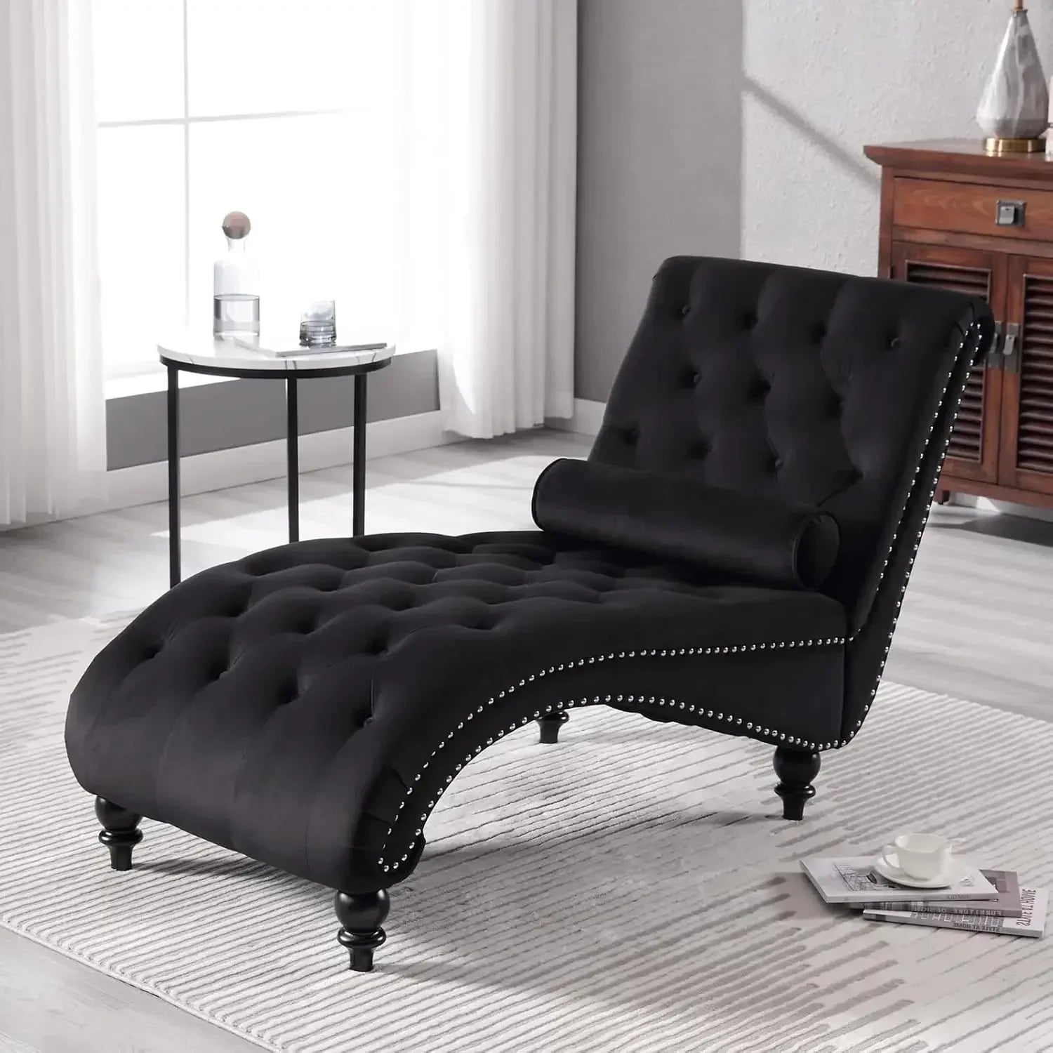 Velvet Button-Tufted Chaise Lounge Chair Indoor with Pillow Upholstered Modern Furniture for Bedroom Living Room Office