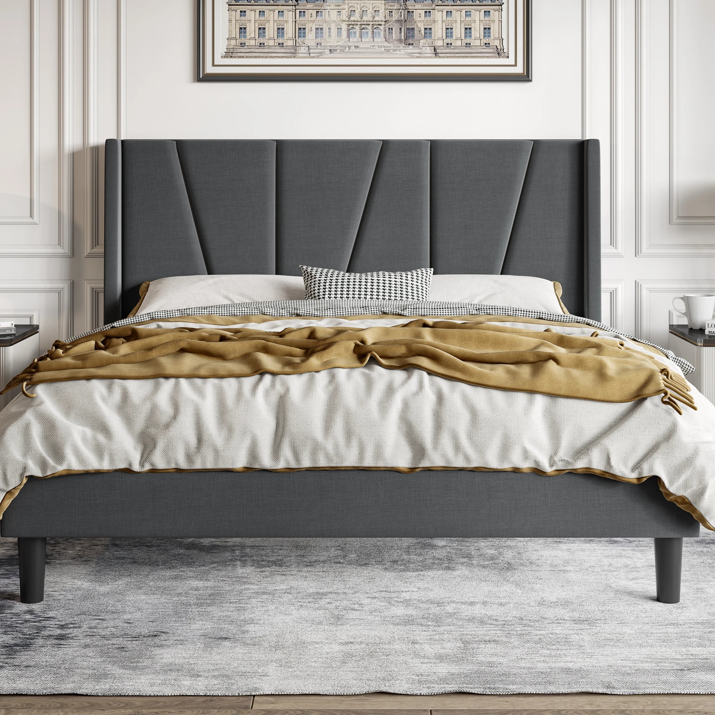 HOOMIC Platform Bed Frame with Geometric Wingback Headboard, Wooden Slats Support, No Box Spring Needed Allewie