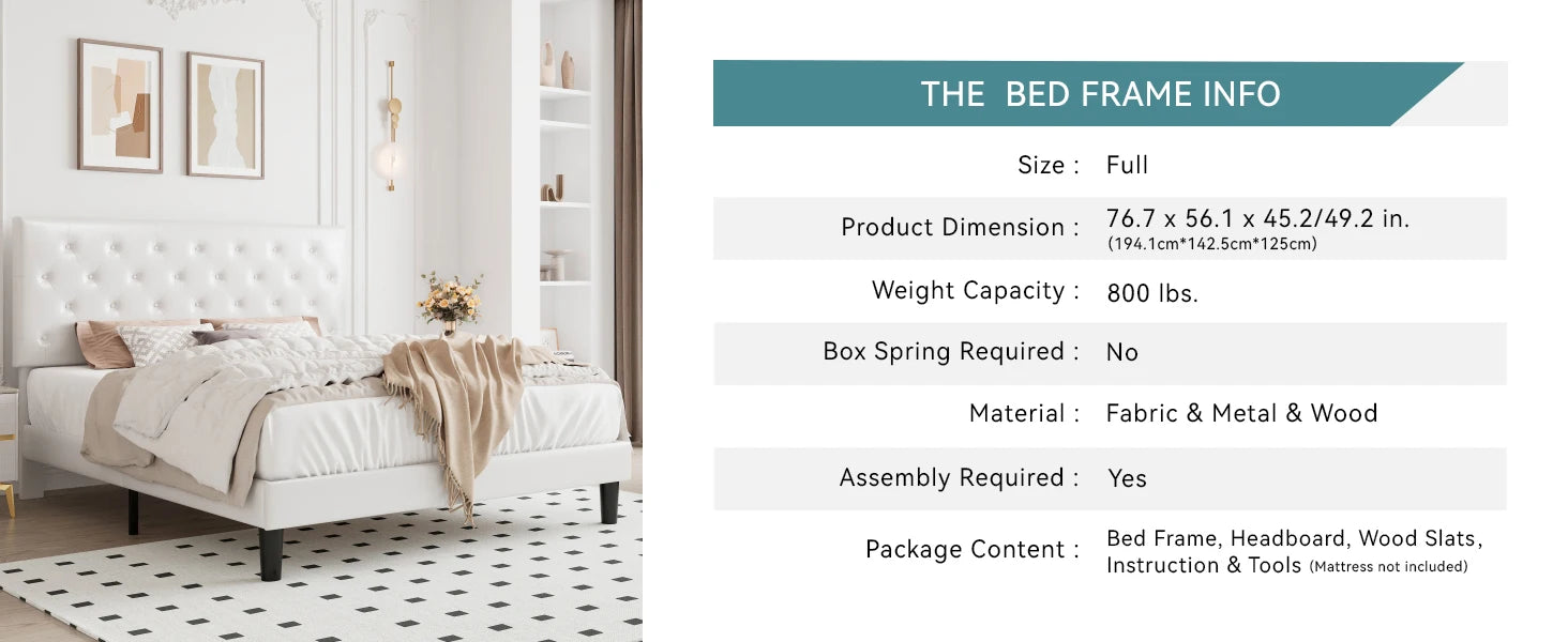 HOOMIC Bed Frame with Adjustable Diamond Tufted Headboard/Faux Leather Upholstered Platform Bed Frame