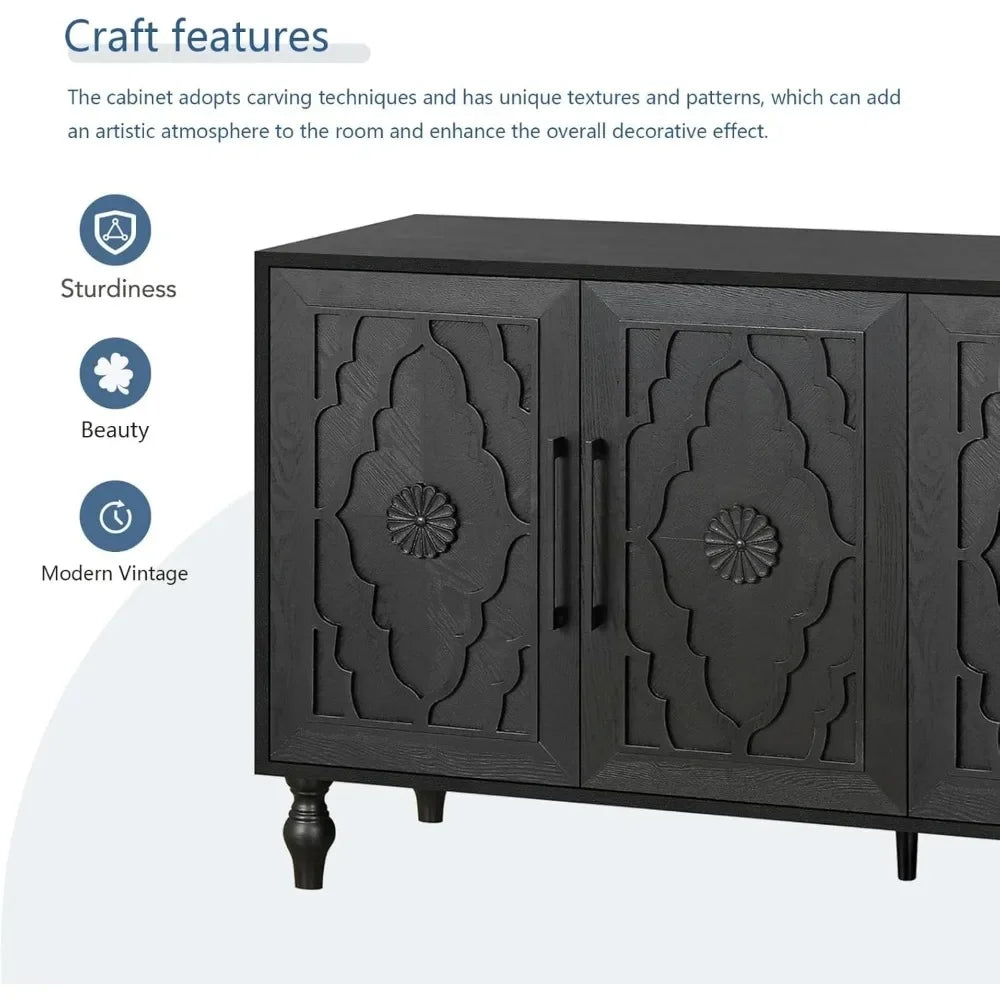 Sideboard Buffet Credenzas for Living Room, 63" Antique Entryway Table with Storage Accent Cabinet, Carved Flowers Doors
