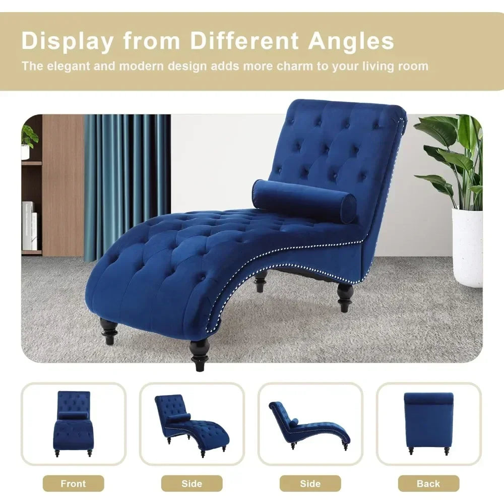 Velvet Button-Tufted Chaise Lounge Chair Indoor with Pillow Upholstered Modern Furniture for Bedroom Living Room Office