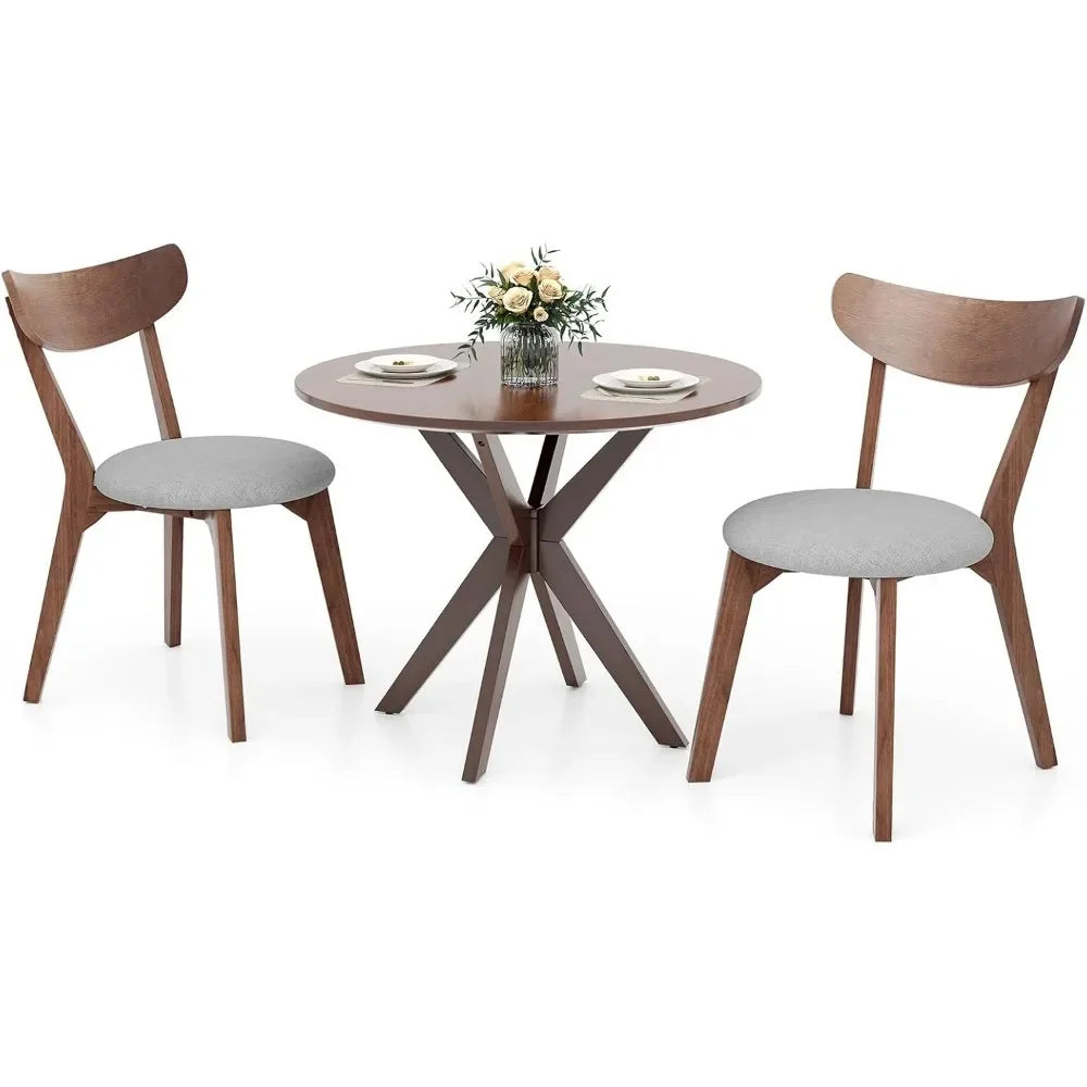 Dining Table Set for 2, Small Kitchen Table Chairs Set of 2, Mid-Century Wooden Round Dining Table and Two Dining Chairs