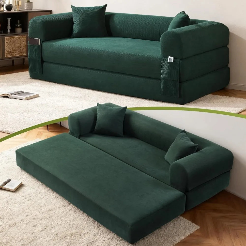 Corduroy Queen Sleeper Sofa Bed 80' Convertible Couch with Storage Pocket And Pillows Folding Pull-out Design No Assembly